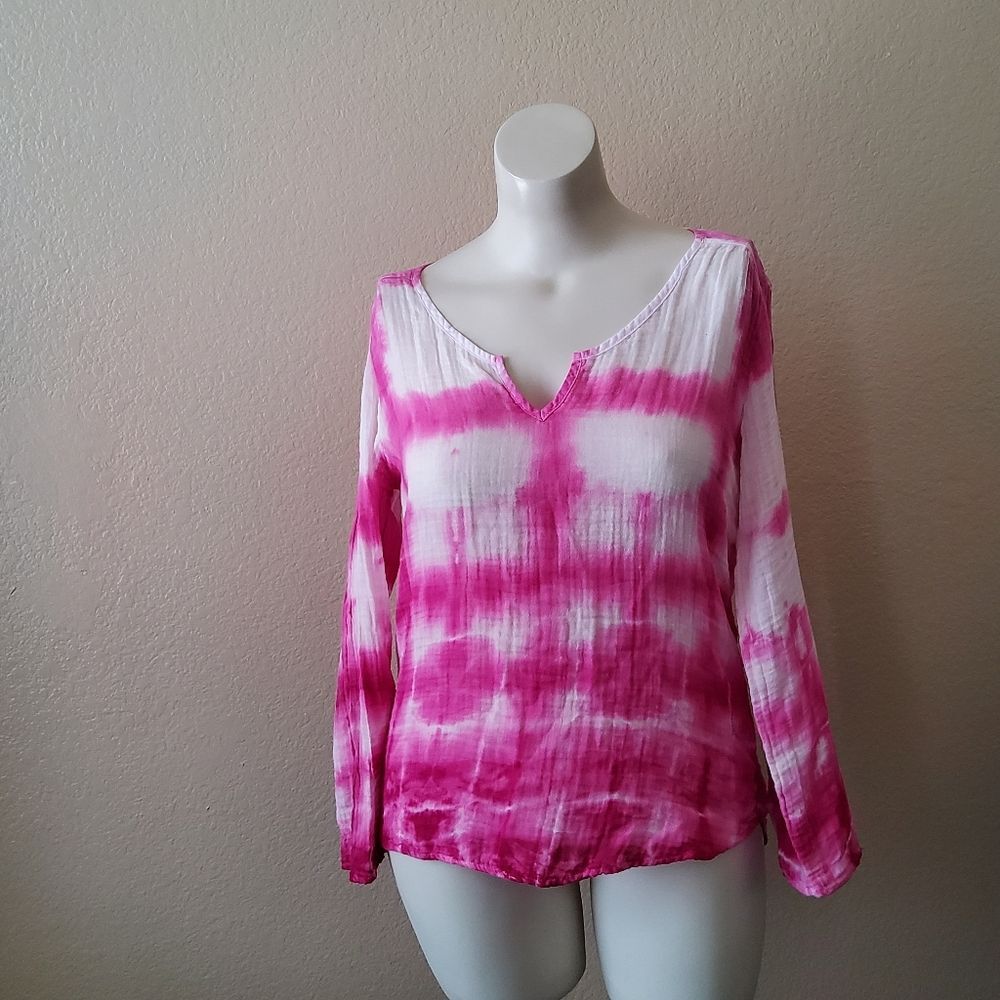 Michael Stars Tie Dye Print Long Sleeve Crinkle Gauze Top Pink New